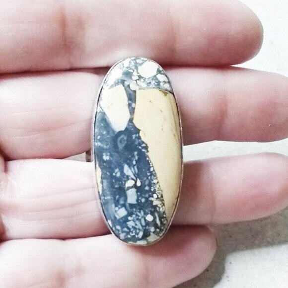 HUGE! Minimalist Maligano Jasper Ring 925 Sz 9.25! Sandy Beige Gray Color Scheme - Picture 6 of 12